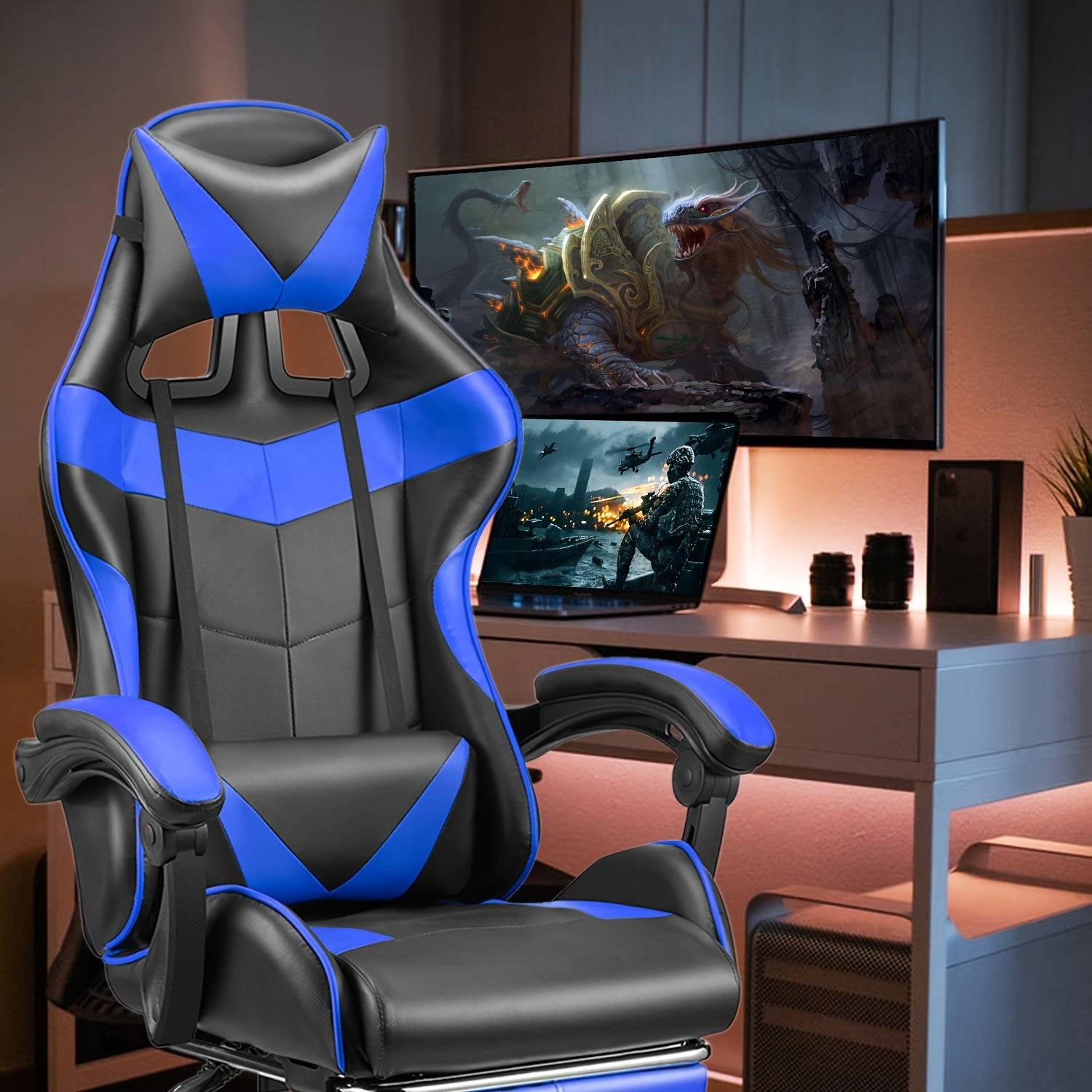 Blue and black ergonomic gaming chair with massage, adjustable headrest and lumbar support in a high-end gaming setup.