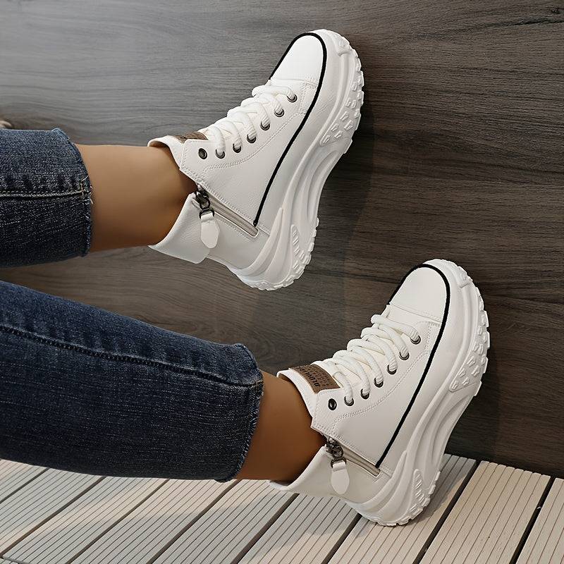 Women’s High-Top Color-Block Sports Shoes – Synthetic Leather Upper, Thick PVC Sole with Lace-Up & Buckle Straps for Outdoor Casual Wear