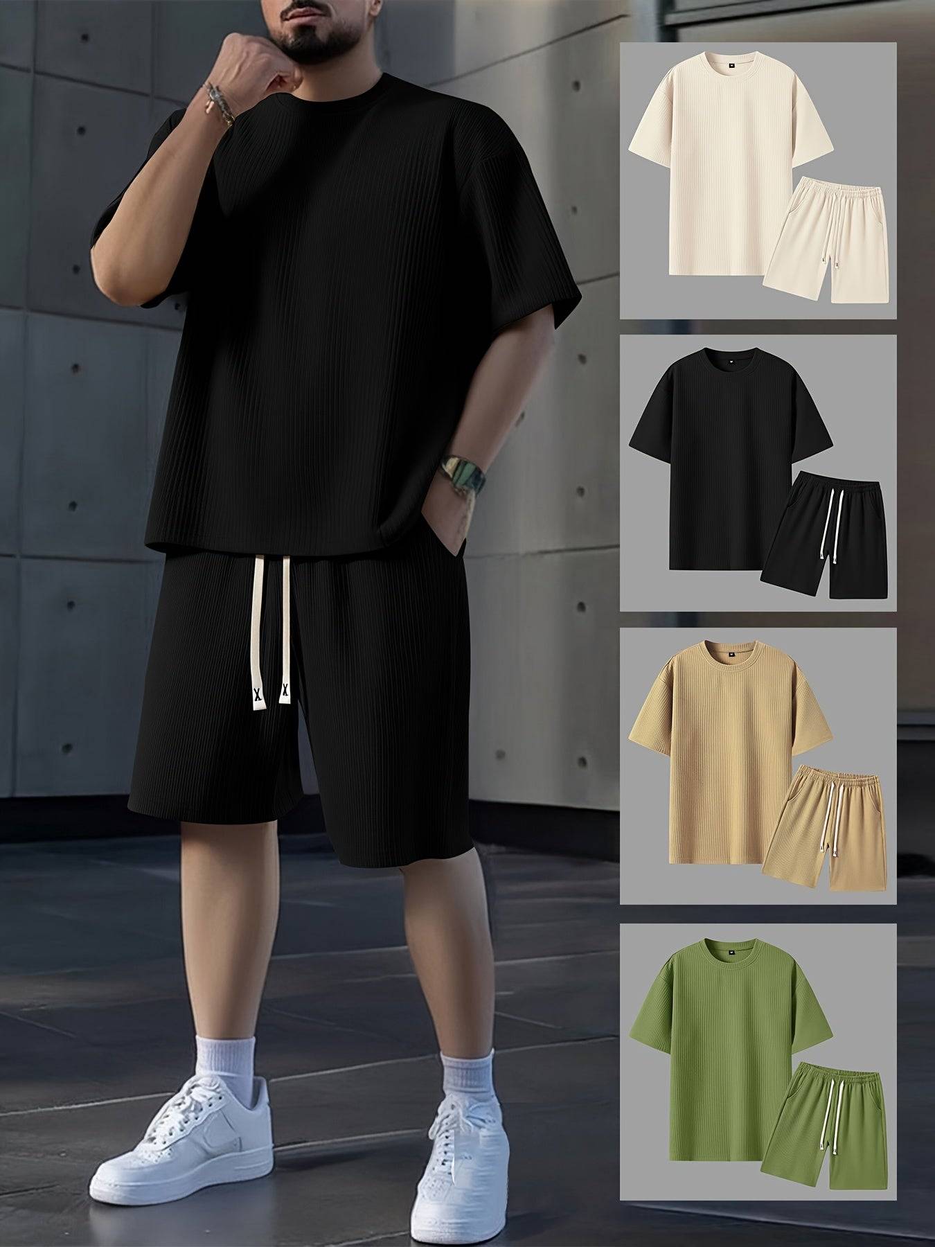 2pcs Men’s Summer Outfit Set – Short-Sleeve T-Shirt & Stretch Shorts in Textured Jacquard Fabric for Casual, Fitness & Beach Wear