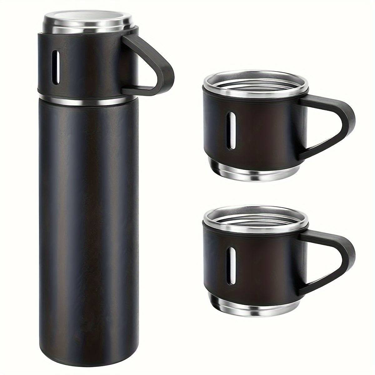 Black insulated stainless steel bottle set featuring a 500ml flask and 3 detachable cups, suitable for kitchen or outdoor beverage use.