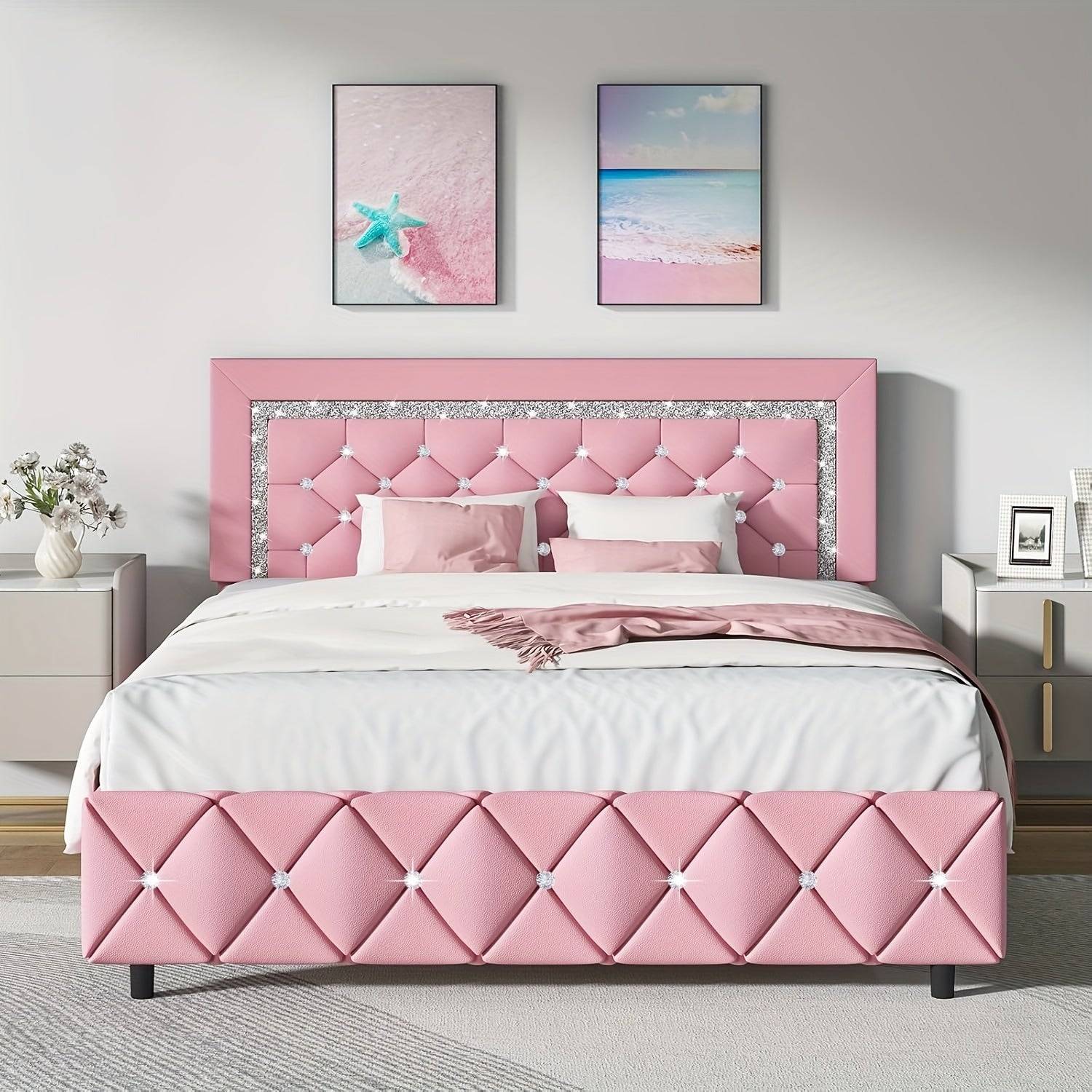 Upholstered Platform Bed Frame with Button Tufted Diamond Headboard, Padded Design, Wooden Slat Support, Easy Assembly