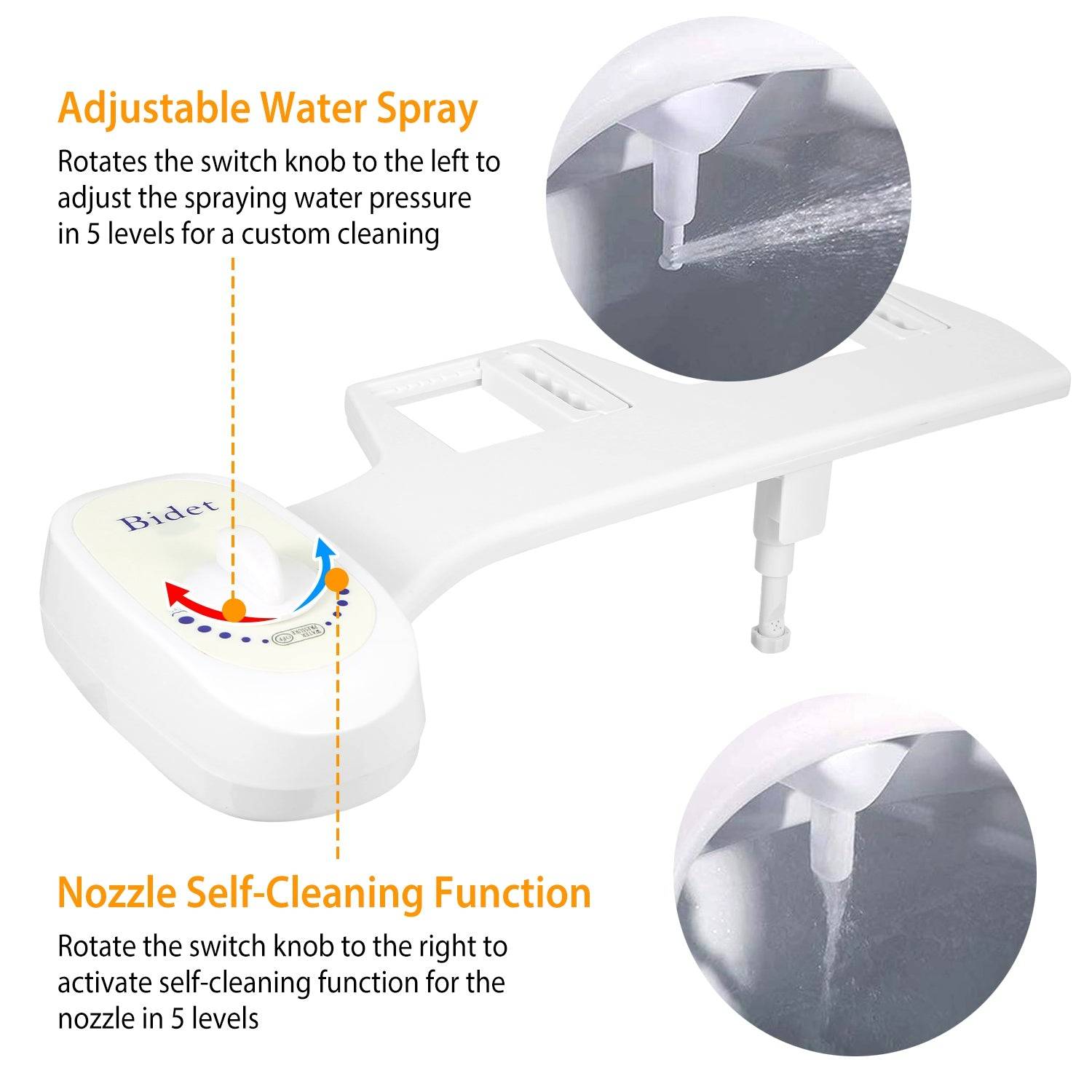 Non Electric Bidet Attachment with Retractable Nozzle