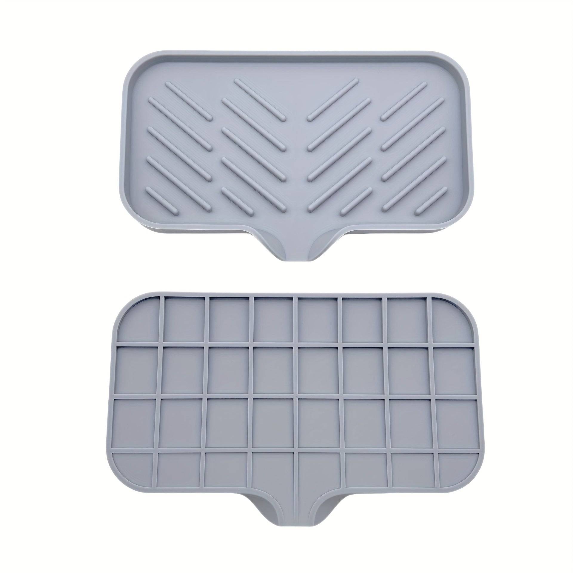 Top and bottom view of silicone sink tray with anti-slip grid base and angled drainage grooves for efficient water flow.