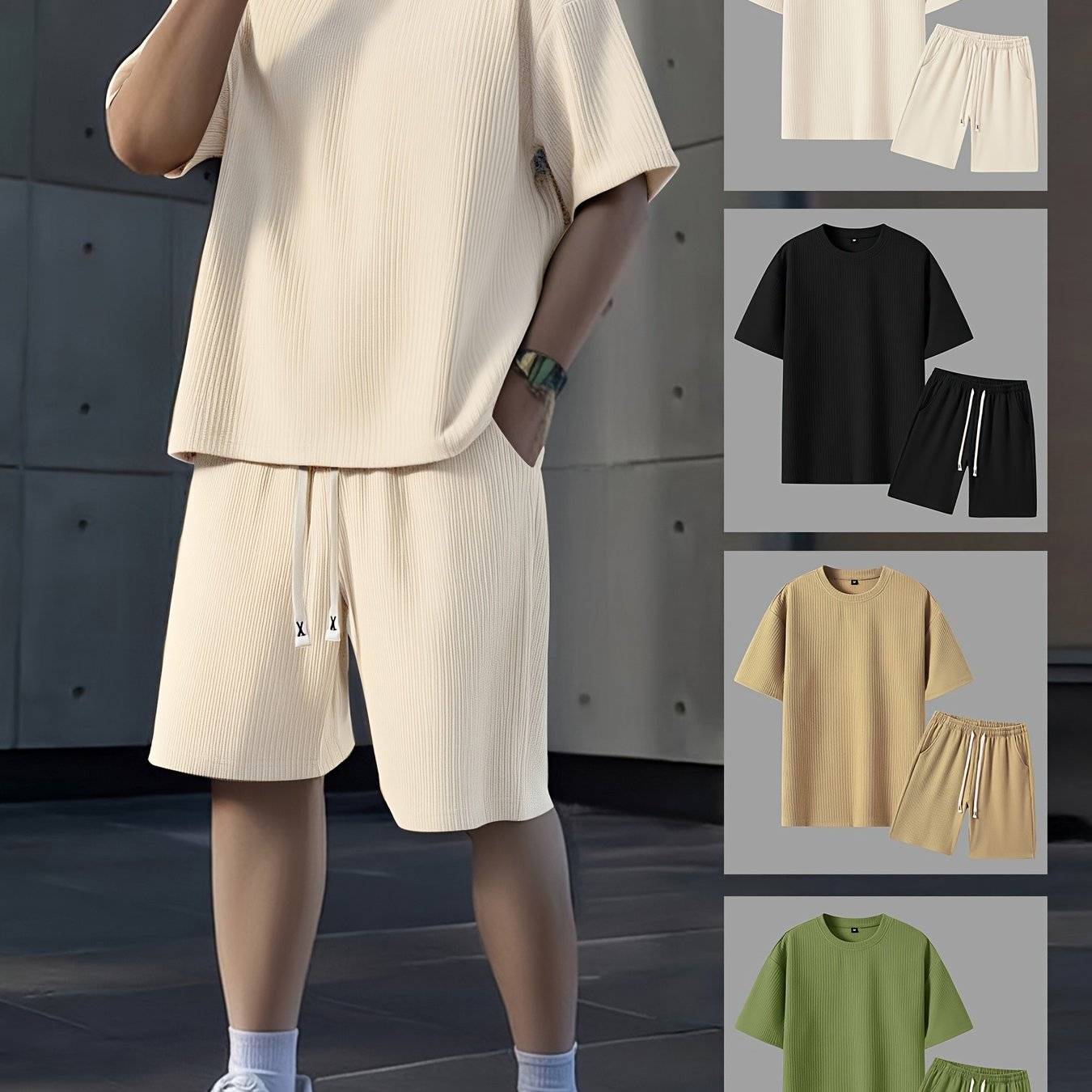2pcs Men’s Summer Outfit Set – Short-Sleeve T-Shirt & Stretch Shorts in Textured Jacquard Fabric for Casual, Fitness & Beach Wear