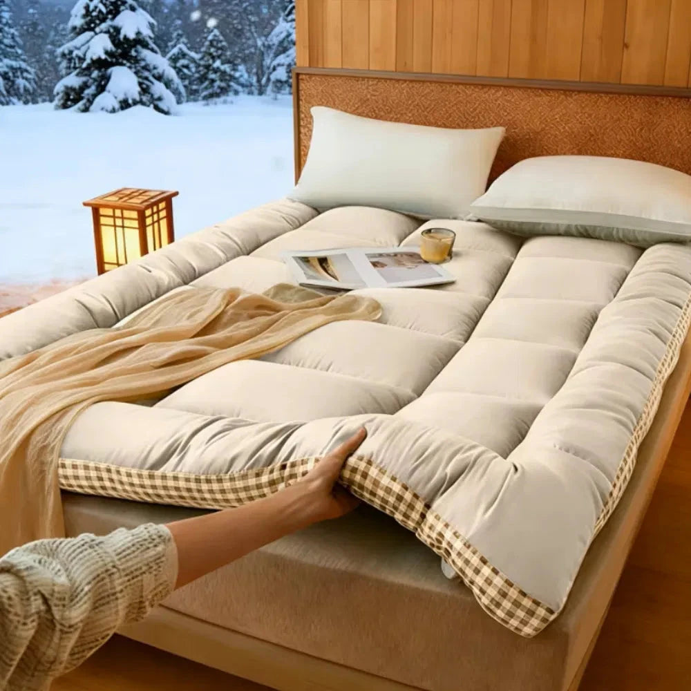 Full Size Mattress with Beige Finish and Checkered Edges