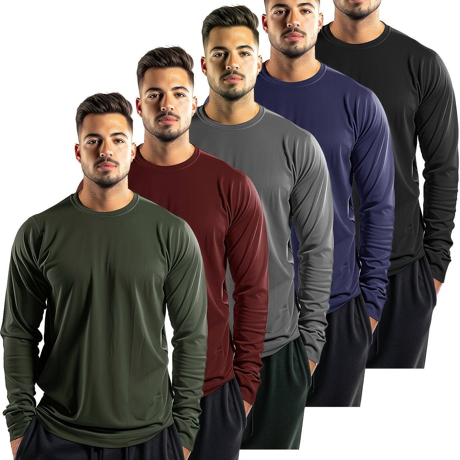 Men’s 5-Pack Long Sleeve Crew Neck T-Shirts Solid Color Quick-Dry Moisture-Wicking Sun Protection Tops for Outdoor & Fitness