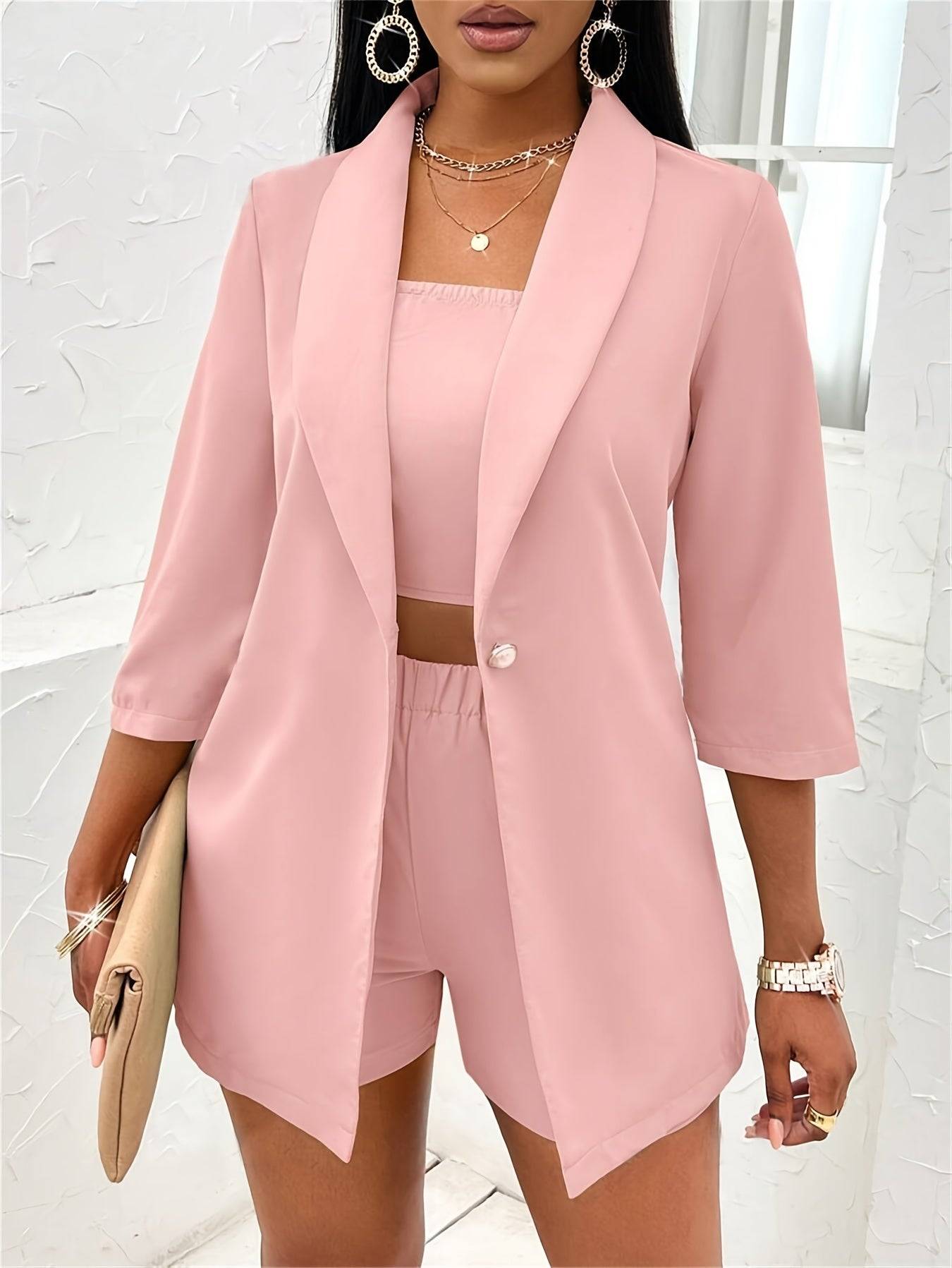 Women’s Three-Piece Set Strapless Top, Shorts & Jacket with Green Fruit Collar Solid Color Casual Wear