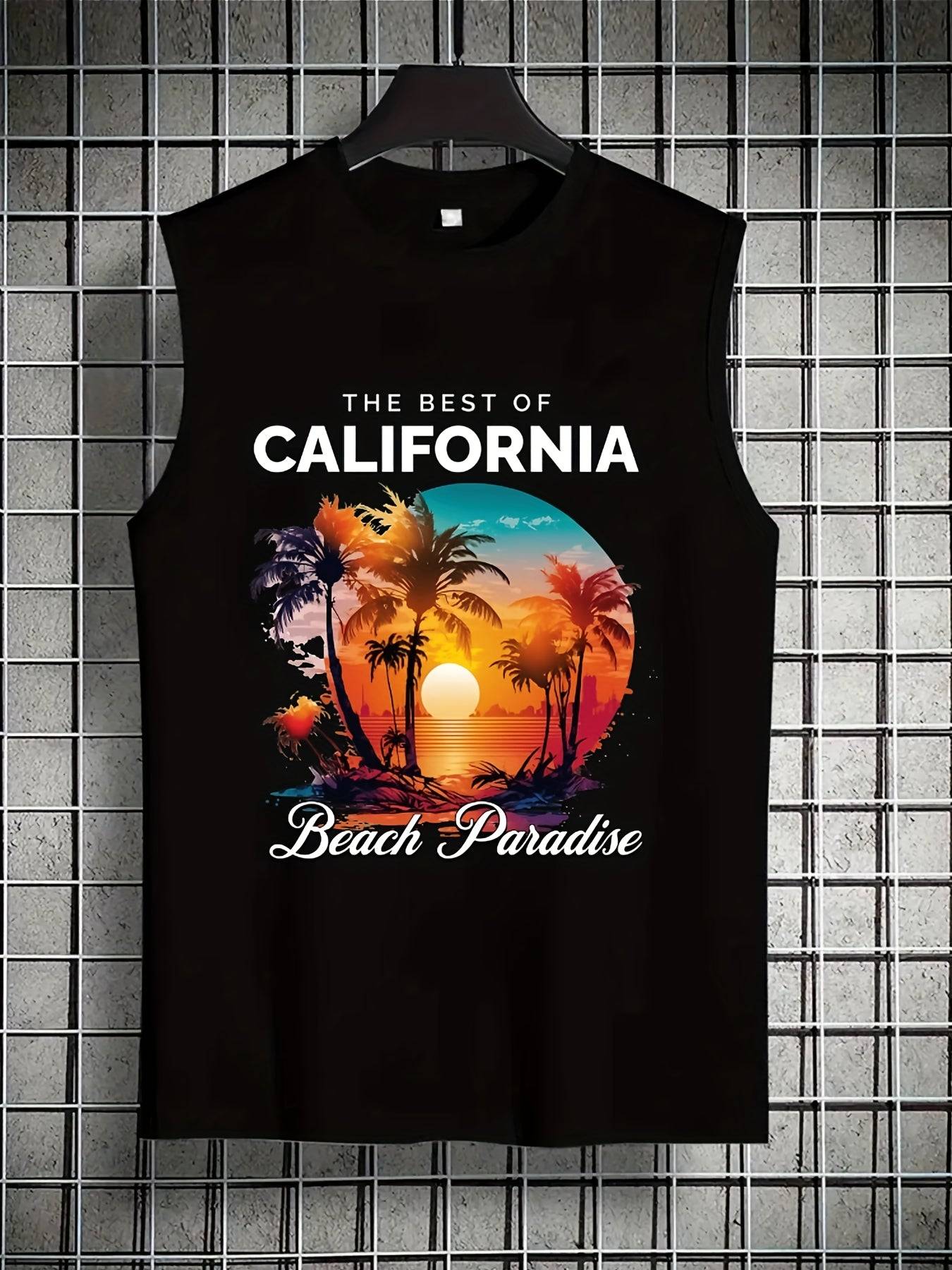 Men’s Sleeveless Tank Top Cotton Comfort California Beach Sunset Print Loose Fit for Gym & Summer