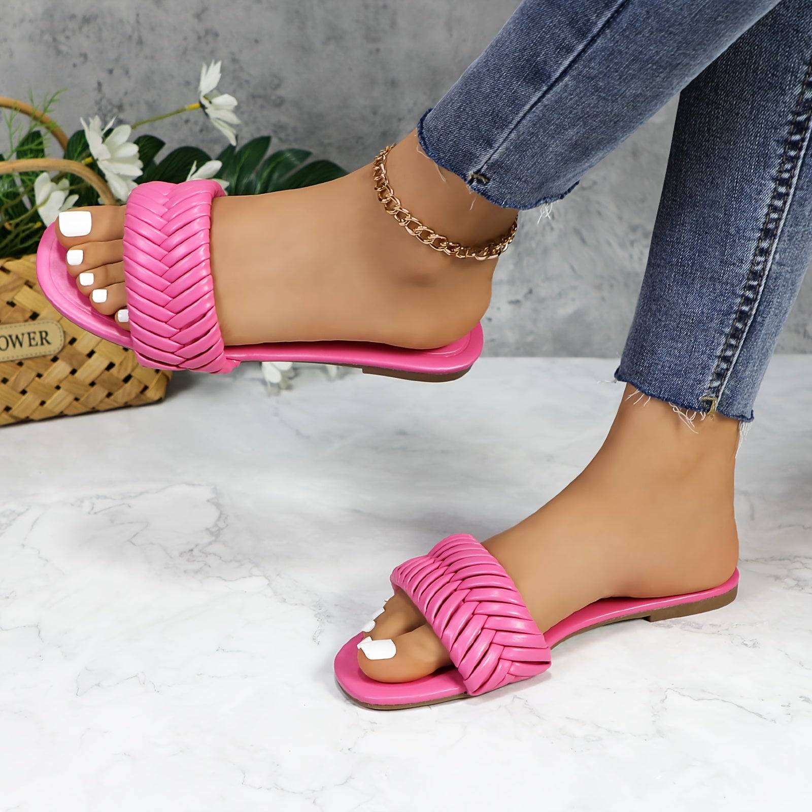 Women’s Boho Braided Sandals – Thick Cushion Midsole, Slip-On Comfort Slides for Summer Beach & Casual Wear