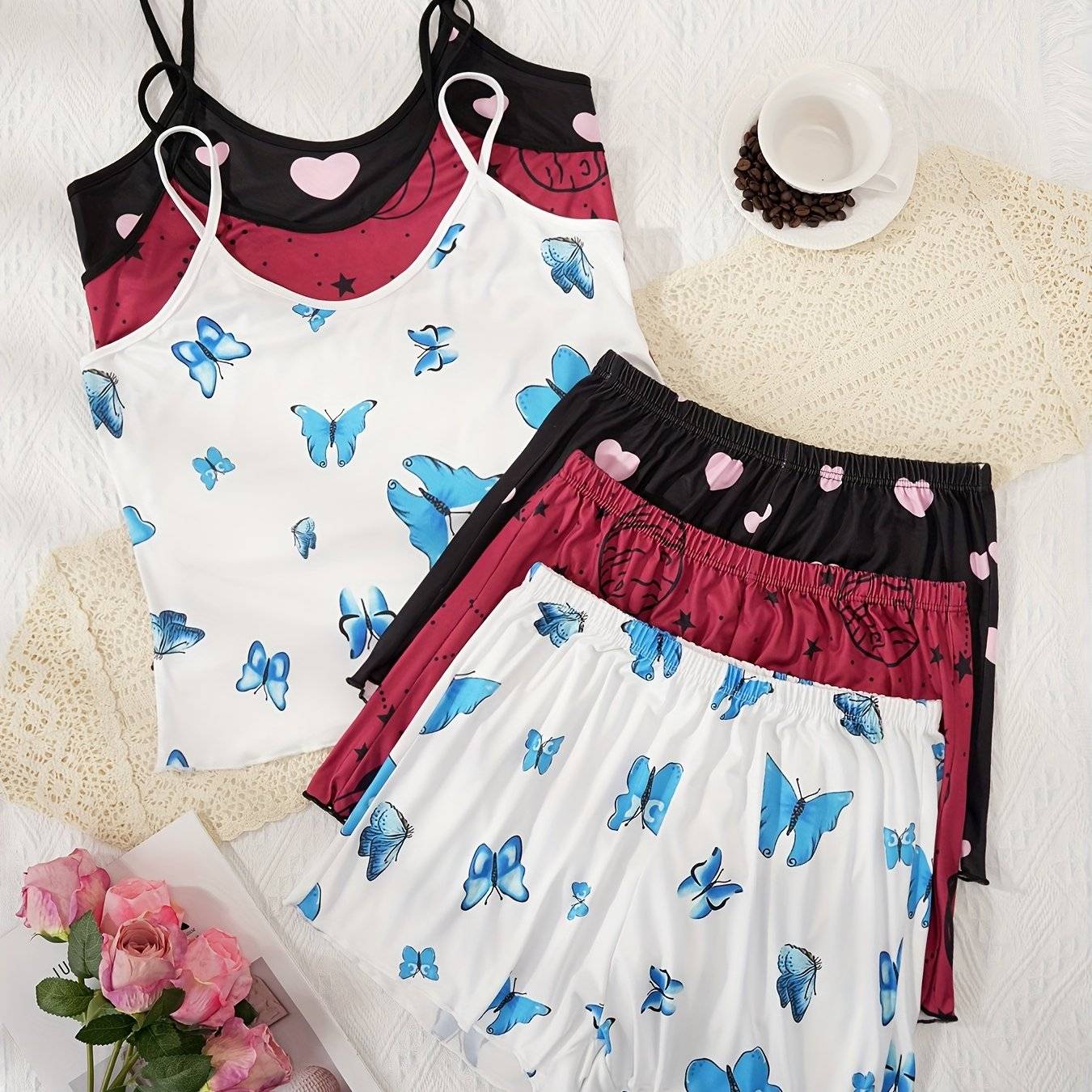 2-Piece Women's Pajama Set – Elegant Spaghetti Strap Top & Shorts in Smooth Polyester, Lightweight Sleepwear for Spring, Summer & Fall