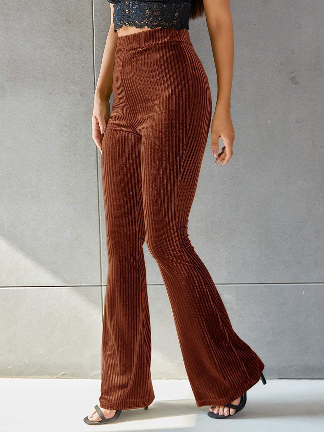 Women’s High Waist Flare Pants Gold Velvet Ribbed Striped Solid Color Slim Fit Trousers