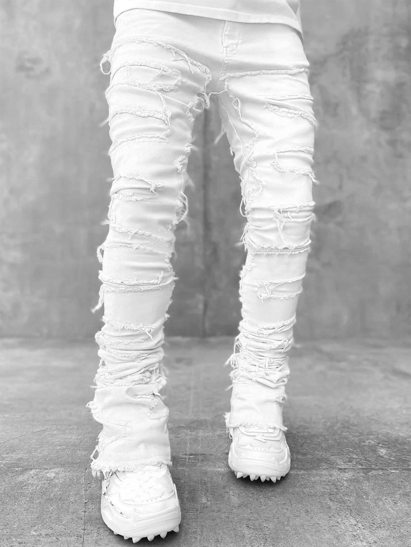 Men’s Stacked Slim Jeans with Patchwork Cotton Denim