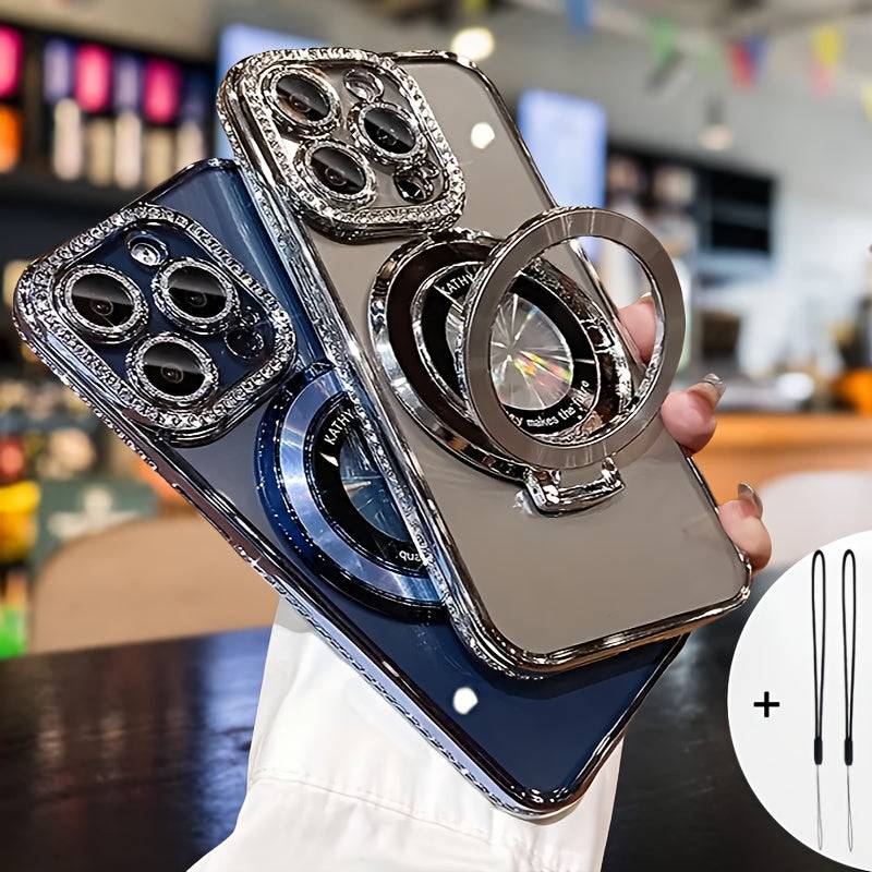 Luxury Magnetic iPhone Case with Diamond Frame – Lens Film, Stand Support & Dual Lanyards, Shockproof Cover for iPhone 14 to 16 Plus, Pro & Pro Max