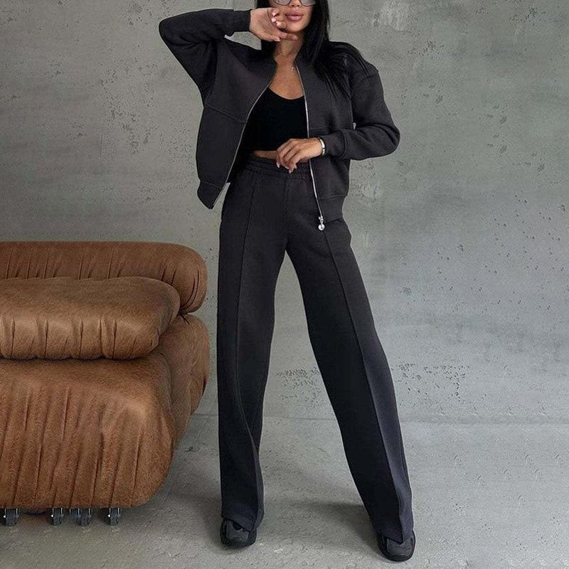 Fall Two Piece Sets with Zip Up Top and Wide Leg Pants