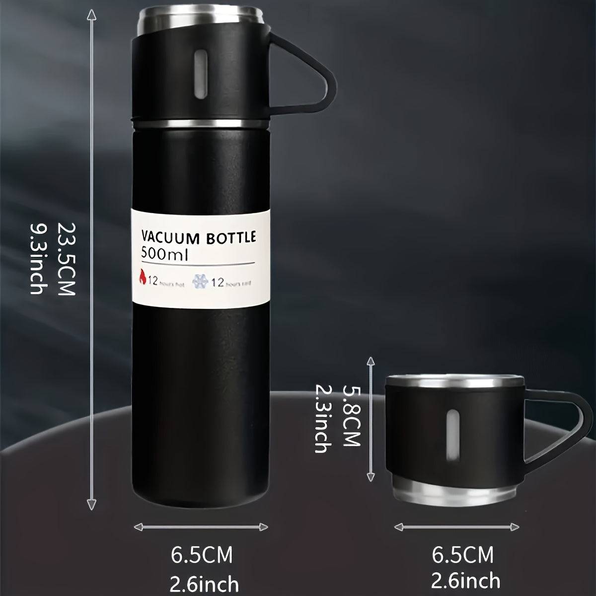 Black insulated stainless steel bottle set with 500ml flask and cup dimensions shown, designed for hot and cold beverage storage up to 12 hours.