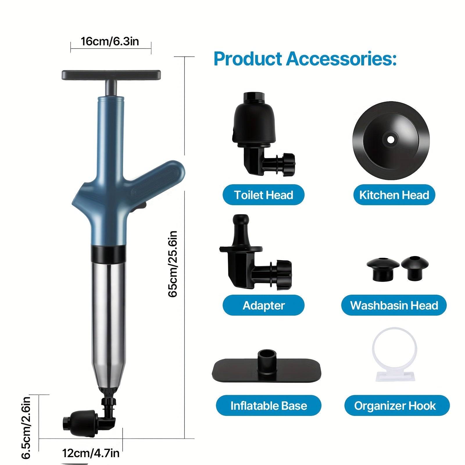 High-Pressure Air Toilet Plunger with Real-Time Pressure Gauge Stainless Steel Drain Blaster for Clogs in Toilets, Sinks & Floor Drains No Battery Needed