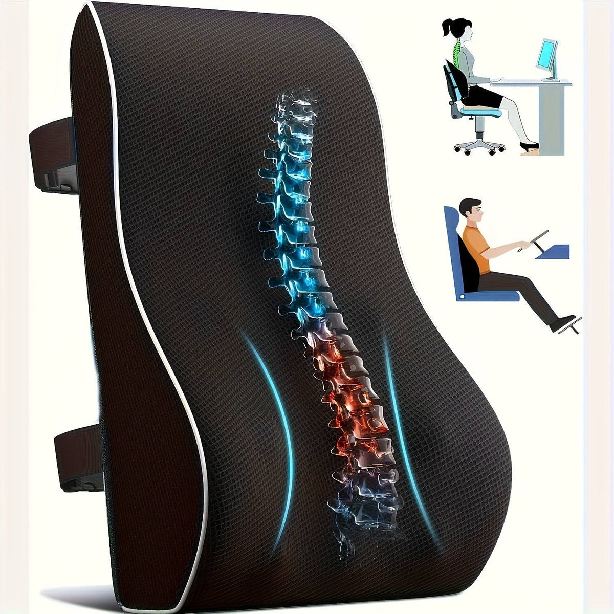 Ergonomic Lumbar Support Pillow Memory Foam Cushion with Dual Adjustable Straps for Office Chair, Car & Gaming