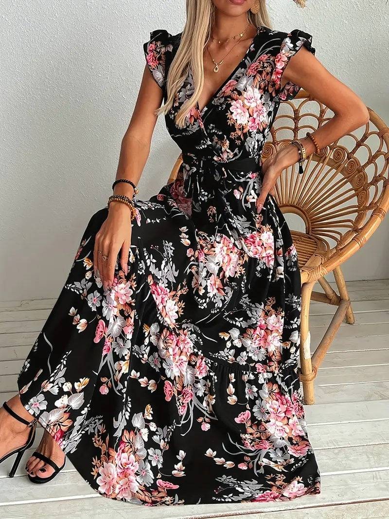 Womens Floral Midi Dress Elegant Casual Black Polyester