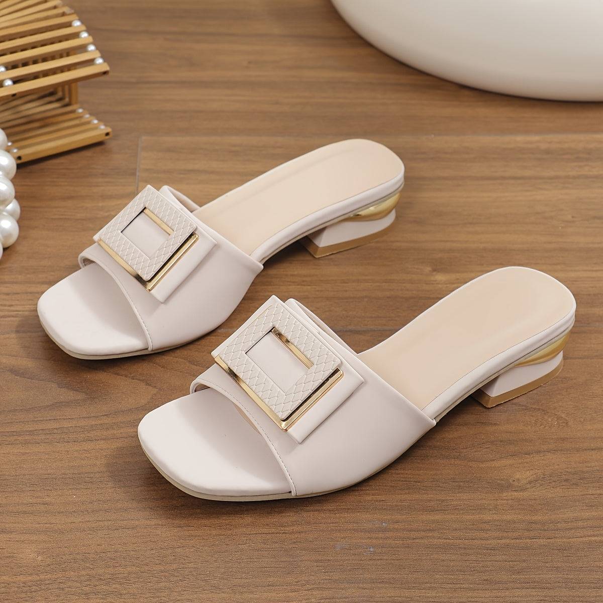 Women’s Open-Toe Sandals – Square Buckle, Solid Color, Low Thick Heel & Square Toe Design for Summer Holiday Casual Wear