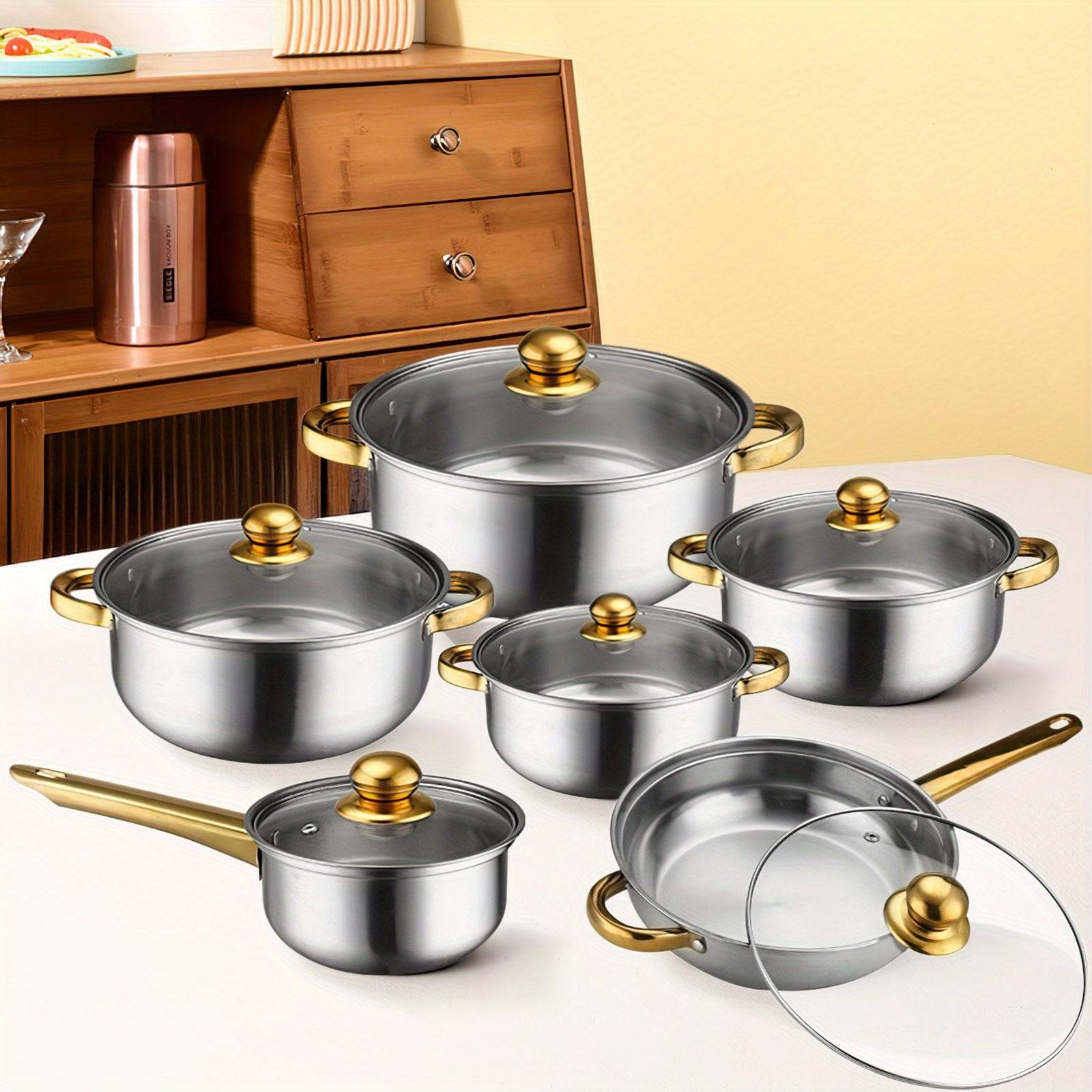 12-Piece Stainless Steel Cookware Set Pots & Pans with Stockpot, Saucepans & Frying Pans Glass Lids, Induction, Gas & Electric Compatible, Dishwasher Safe