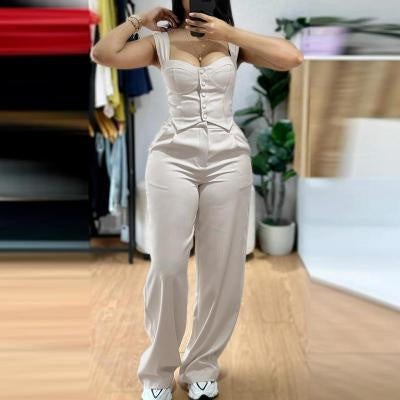 Women’s Two-Piece Vest Suit Apricot Spaghetti Strap Crop Top with High Waist Wide Leg Trousers