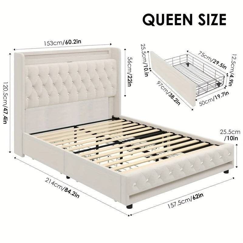 FULTRU Bed Frame with 4 Storage Drawers, LED Velvet Platform with USB Ports and Tufted Wingback Headboard