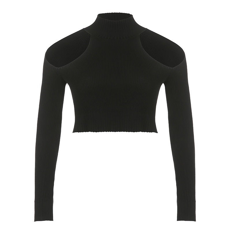 Women High Neck Long Sleeve T Shirt with Cut Out Design