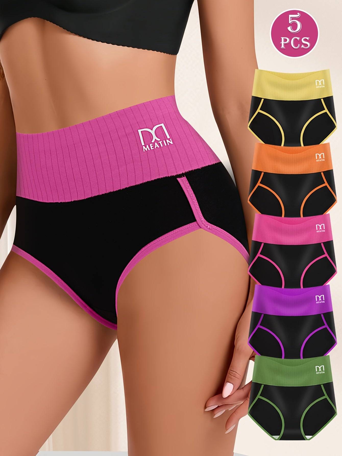 5pcs high-waist tummy control panties for women, contrast color briefs, soft stretch fabric, comfortable bikini fit