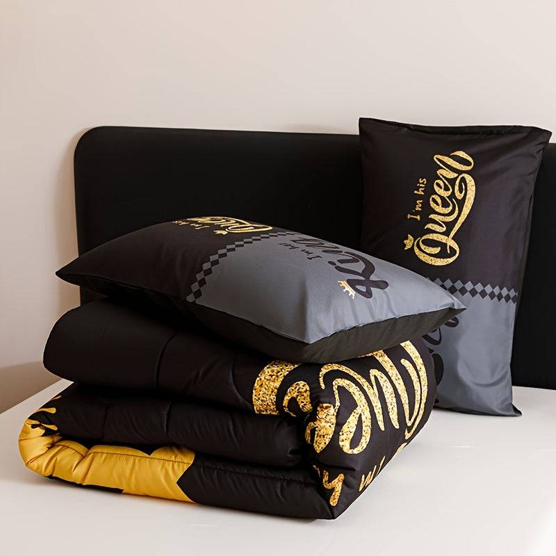 Crown Letter Quilt Set 3-Piece – Black & Grey Color Block Comforter with Pillowcases, 180gsm Padded