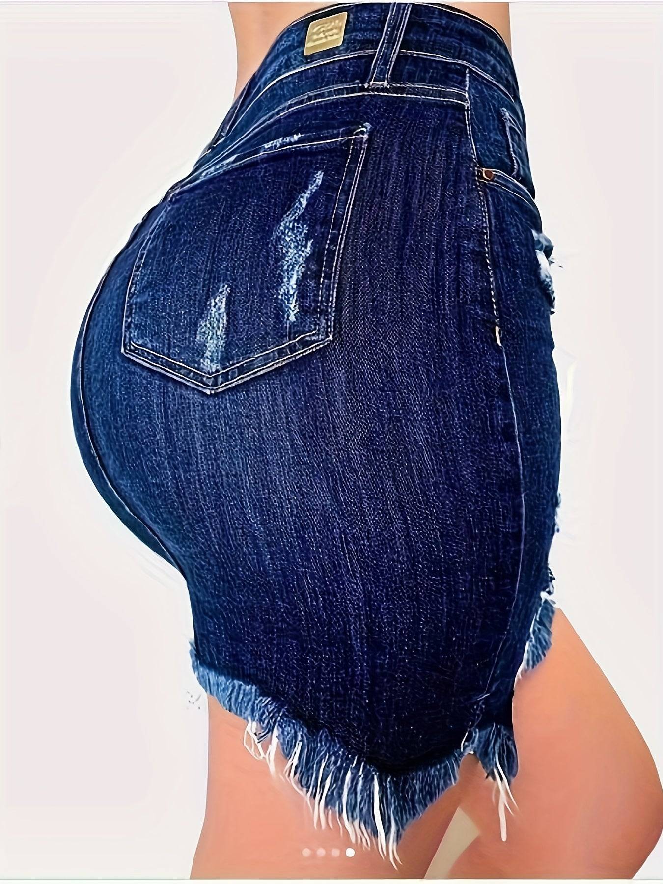 Back view of high-waisted distressed denim skirt with frayed hem and faded wash, perfect for casual 3-season women's fashion.