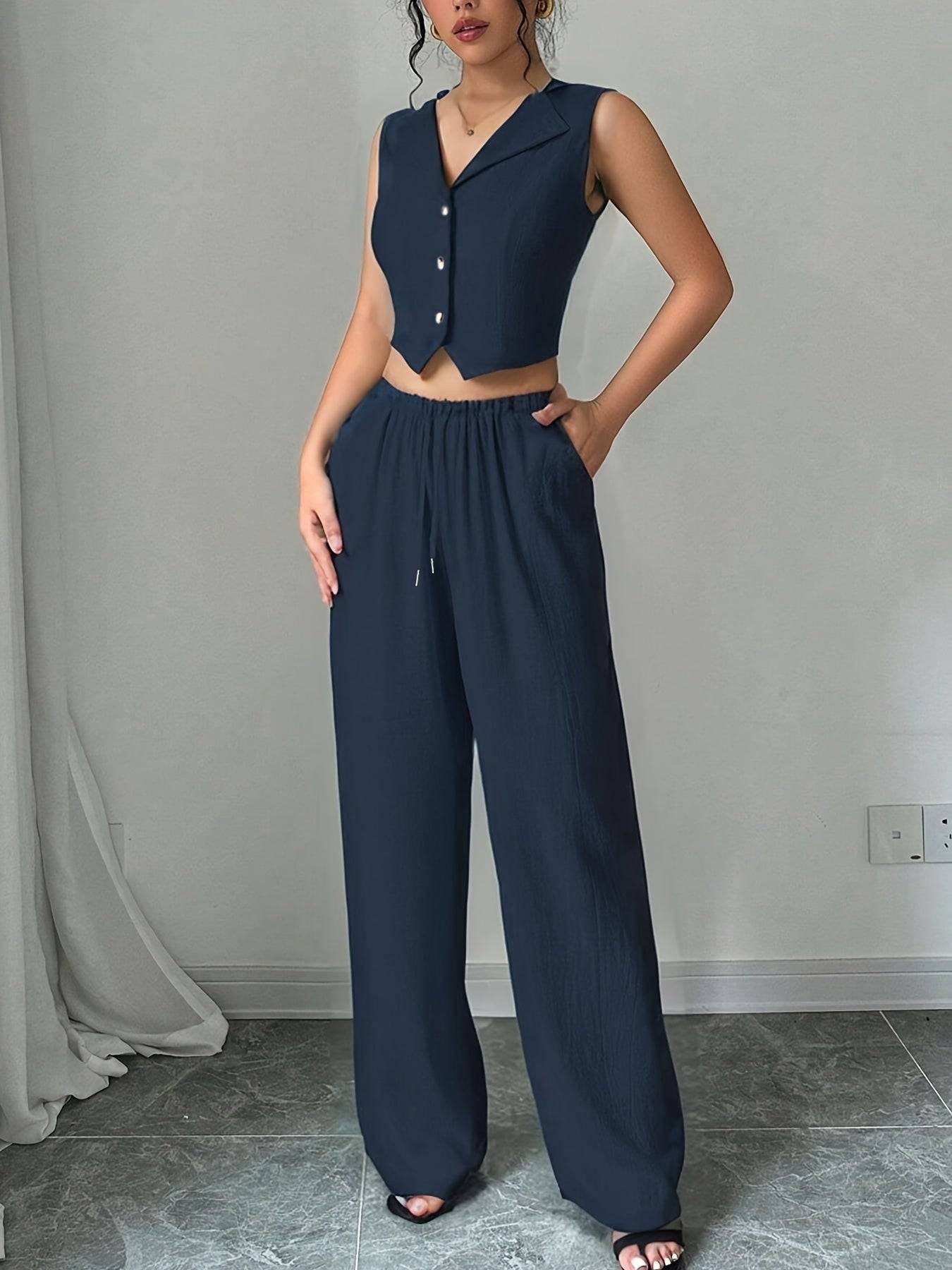 Women’s Two-Piece Set – Sleeveless Blazer Collar Top & Casual Pants for Work, Outings & Holidays