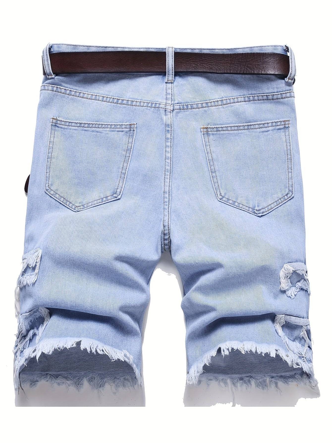 Men’s Summer Denim Shorts Distressed Ripped Design with Raw Hem Cotton Blend, Machine Washable
