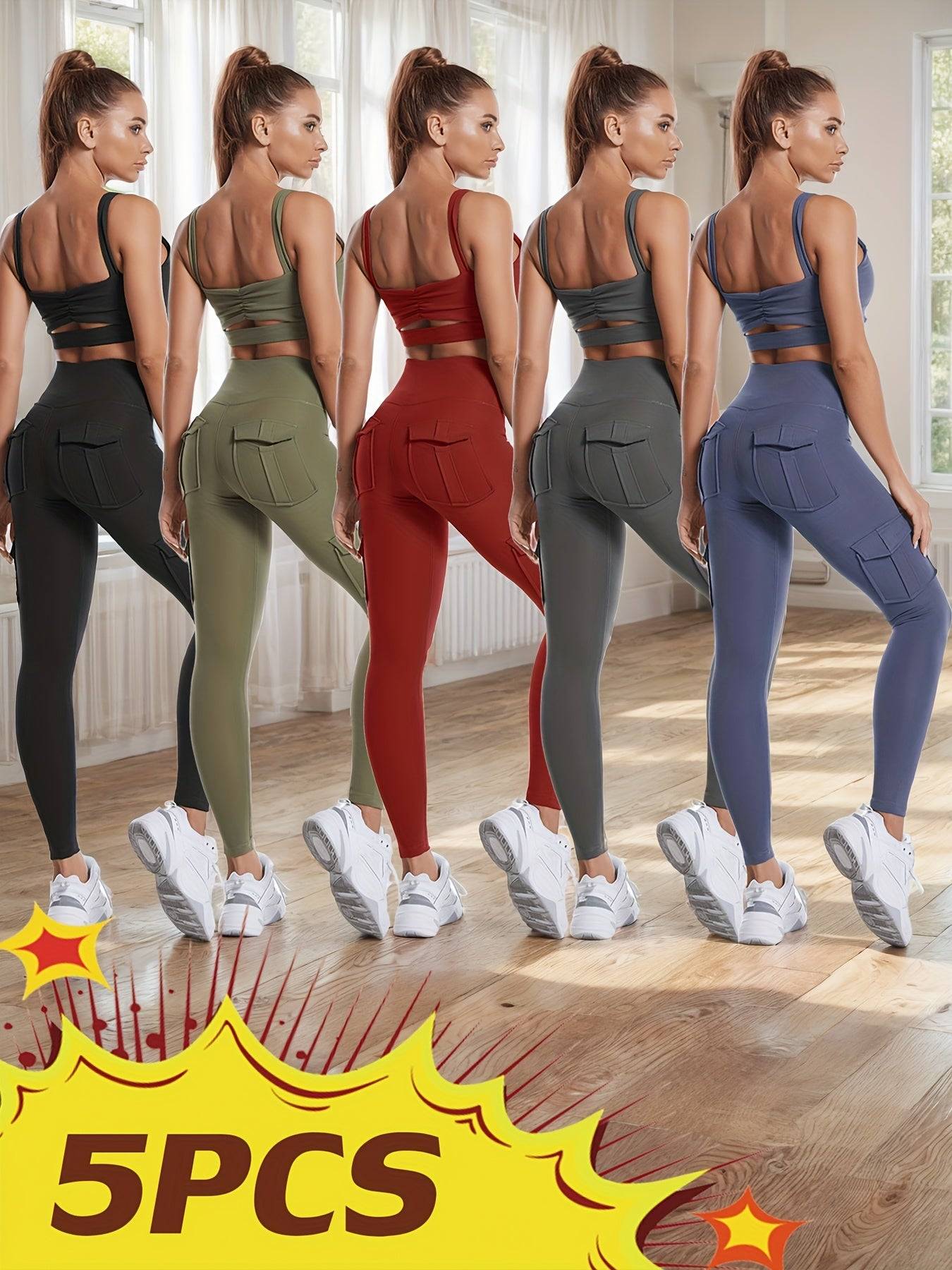 5-Pack Women's High-Waist Leggings with 4 Pockets, Butt-Lifting Tummy Control Workout Pants, 4-Way Stretch Cargo Sports Leggings Set