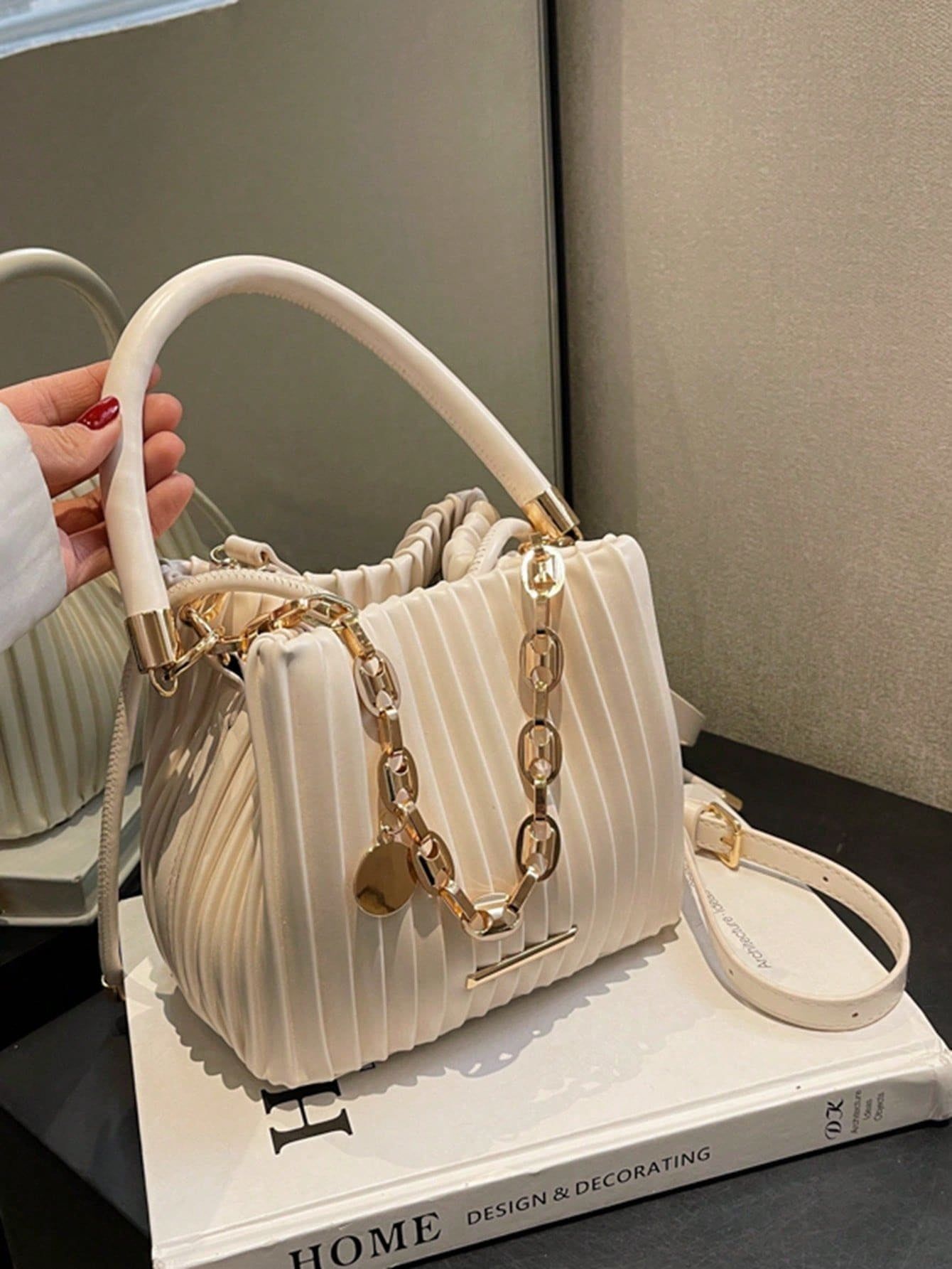 Women Tote Bag Pleated Chain Bucket Shoulder Handbag