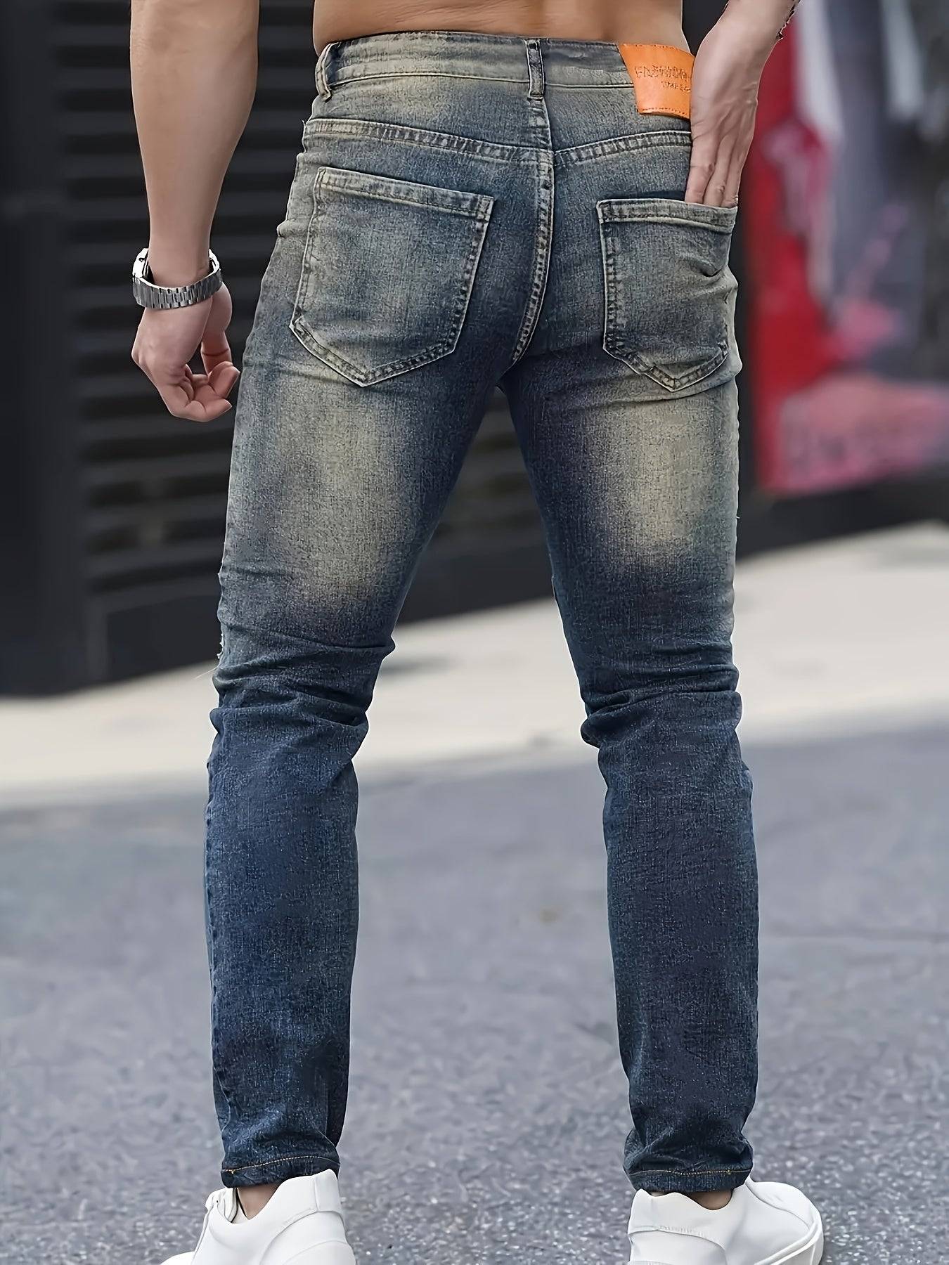 Men’s Slim Fit Stretch Denim Jeans Dark Blue Ripped Design Crafted Distressed Look for All-Season Wear