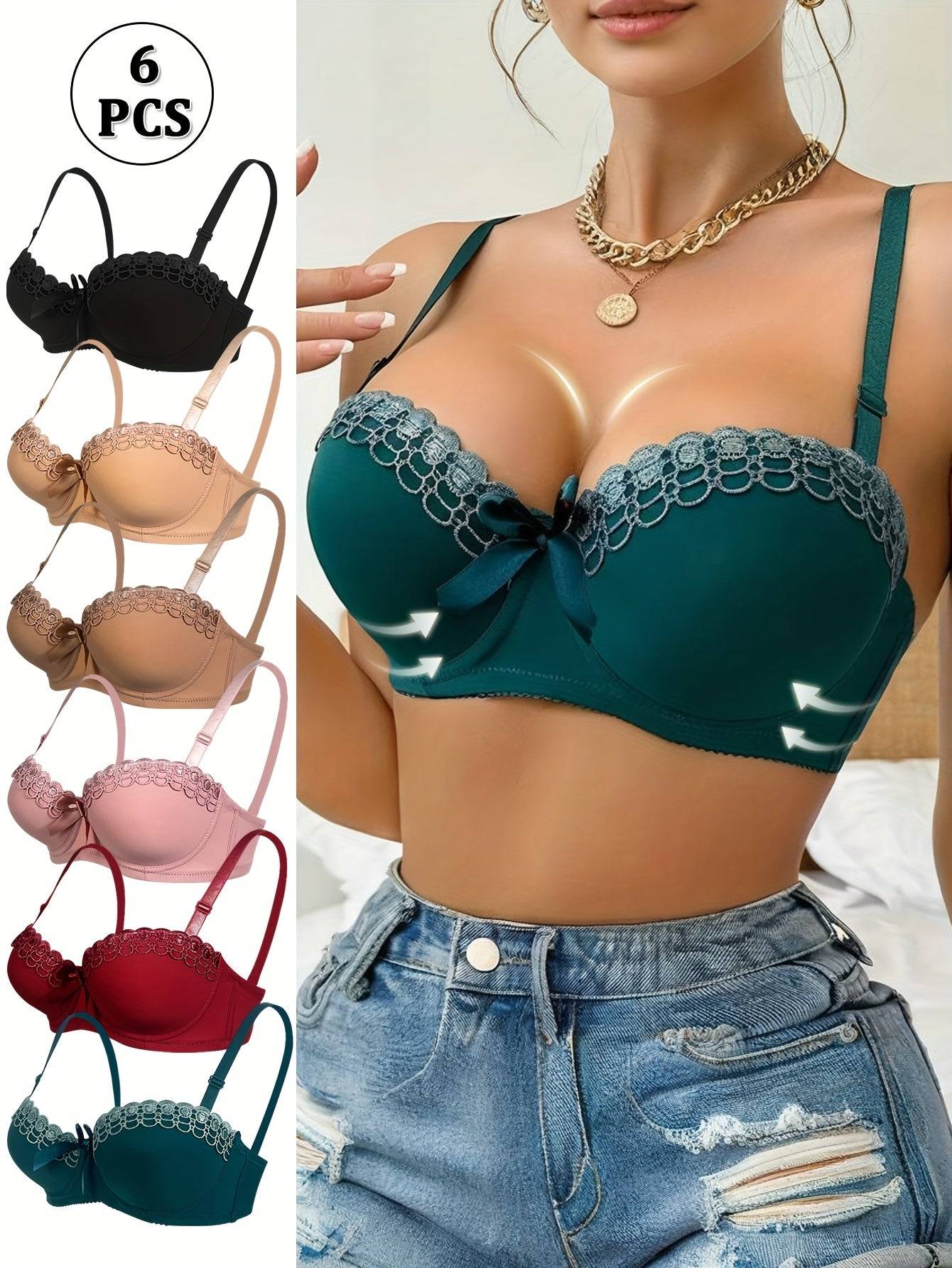 6-Pack Push-Up Bras for Women – Floral Embroidered, Underwire Support & Breathable Solid Colors