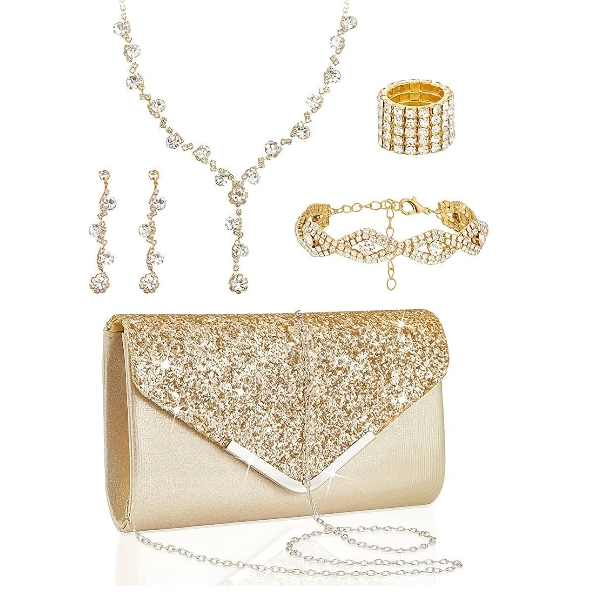 5pcs Women’s Rhinestone Accessory Set – Wallet, Clutch Bag, Necklace, Earrings & Bracelet for Brides and Formal Events