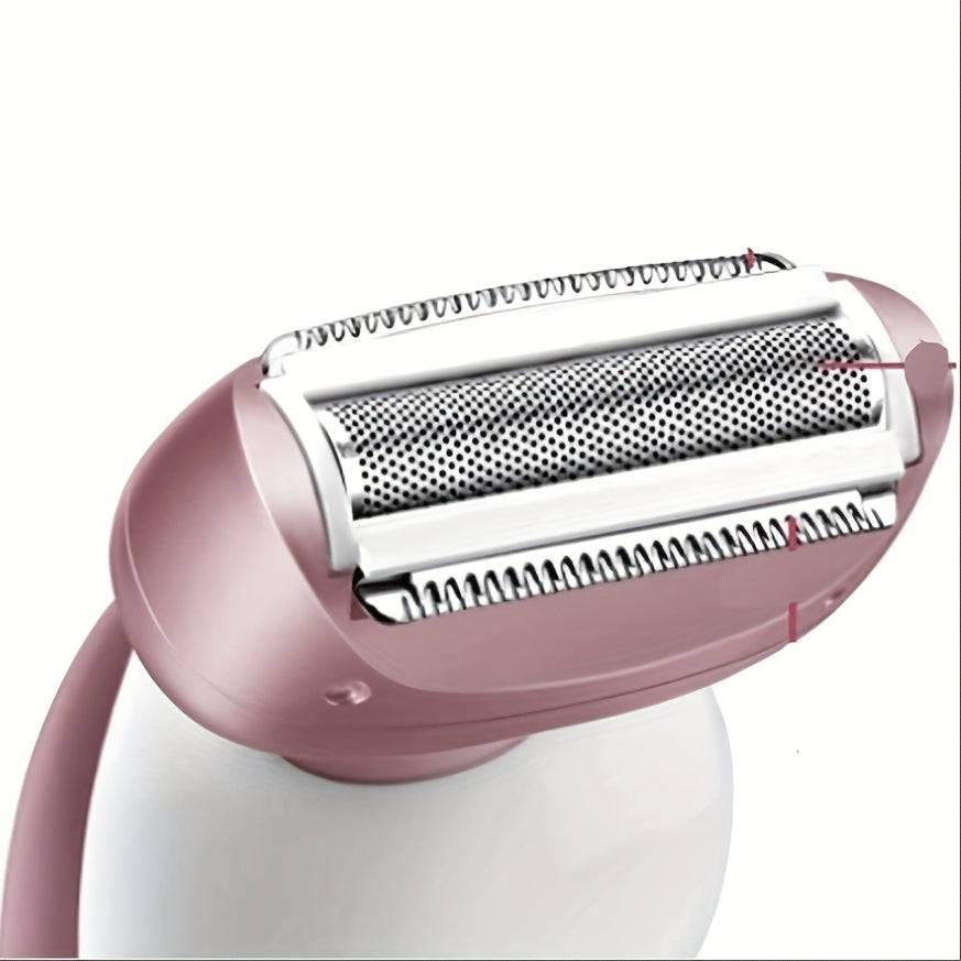 Close-up of foil head on pink rechargeable electric women’s shaver. Features dual blades for smooth, painless shaving on sensitive skin.