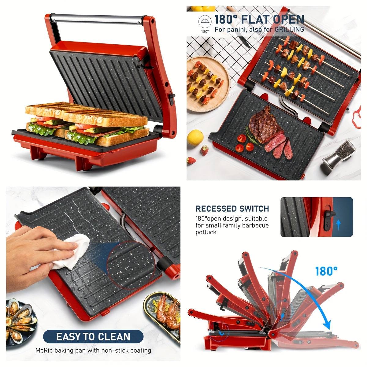 Electric 3-in-1 Panini Press Grill – Non-Stick Plates, 180° Opening & Floating Hinge for Versatile Indoor Cooking
