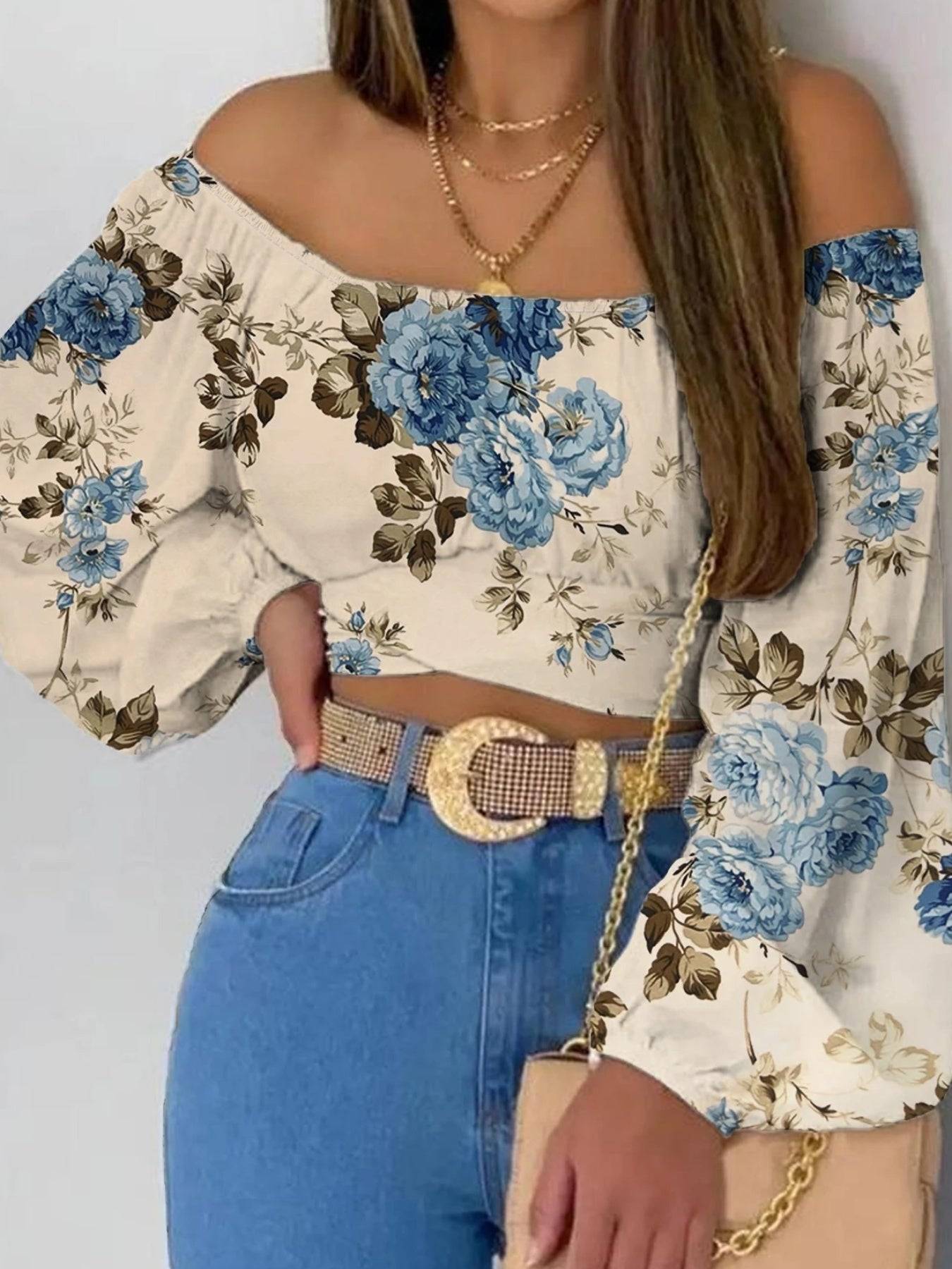 Women’s V-Neck Lantern Sleeve Top – Loose Fit, Short Sleeve, Solid Color, Spring & Autumn Style