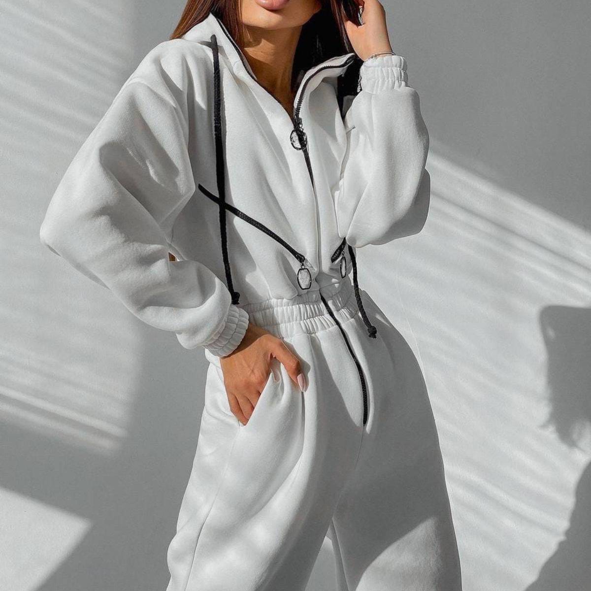 Womens Hooded Jumpsuit Long Sleeve Cotton Blend Stretch