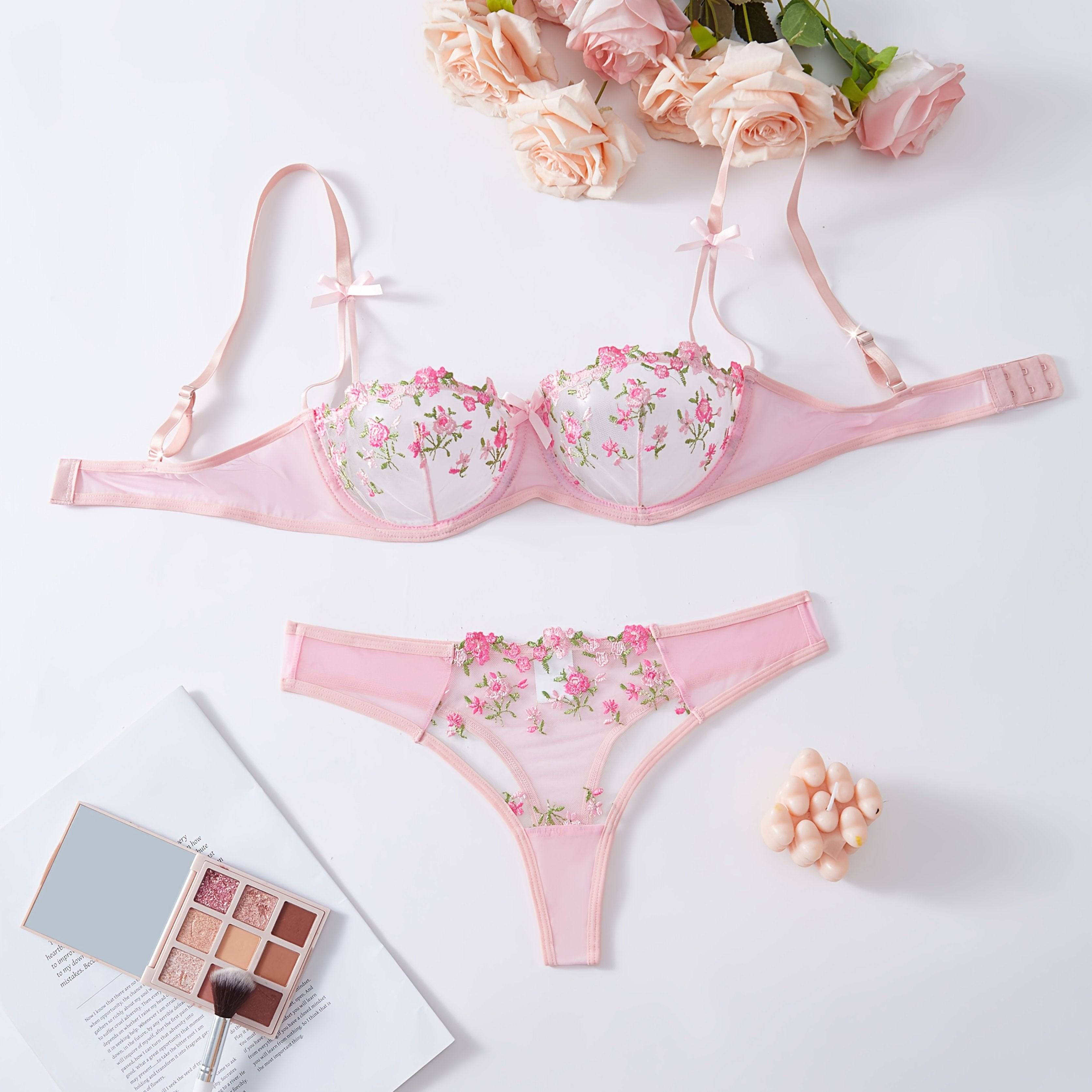 Women's Lace & Satin Lingerie Set – Bra and Underwear Combination in Pink, Black, Red, Blue & Burgundy
