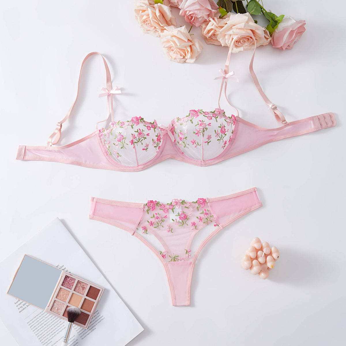Women's Lace & Satin Lingerie Set – Bra and Underwear Combination in Pink, Black, Red, Blue & Burgundy