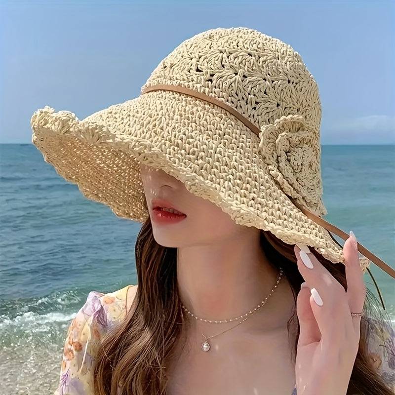 Women's breathable straw bucket hat with floral crochet detail, wide brim sun protection for outdoor and casual wear