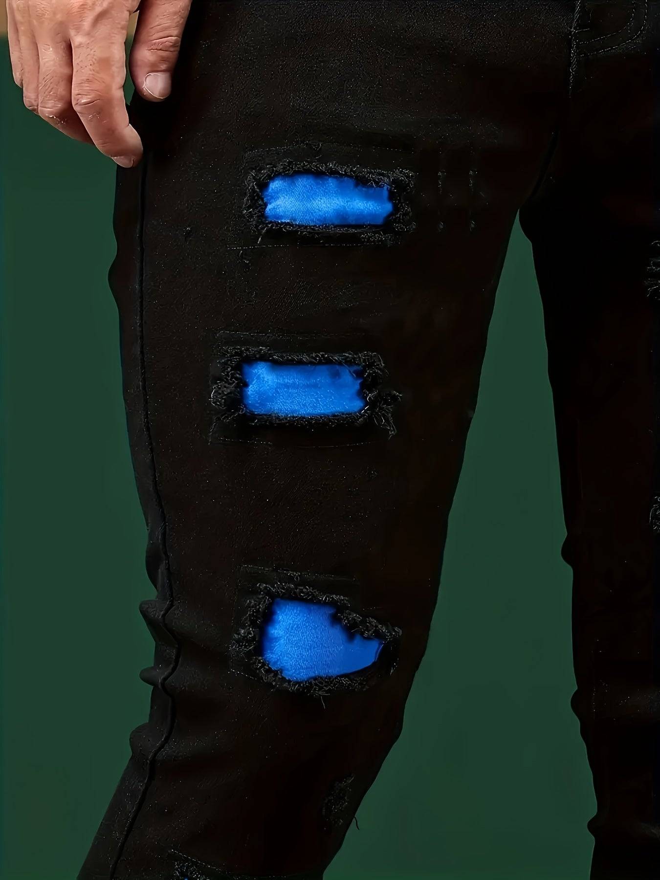 Men’s Slim Fit Stretch Denim Pants Black & Blue Water-Washed Distressed Design All-Season Casual Wear