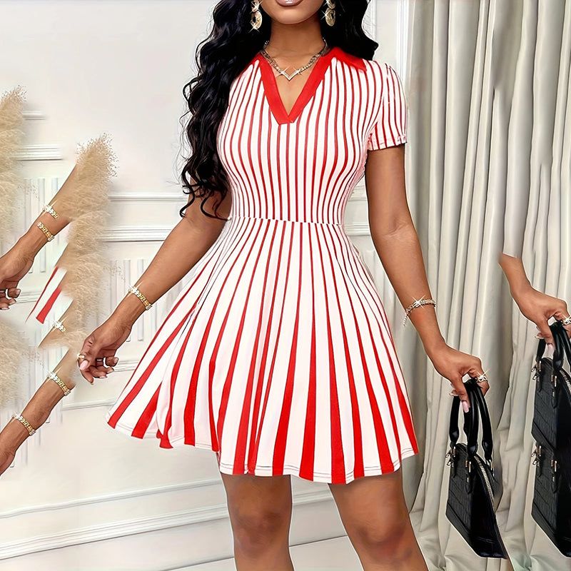 Striped Polo Dress with V Neck and Short Sleeves