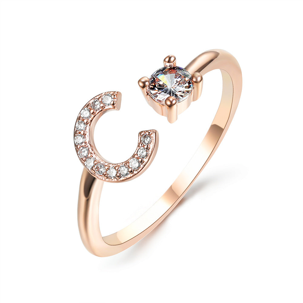Anillo de letra ajustable con circonitas y diseño inicial de 26 para mujer