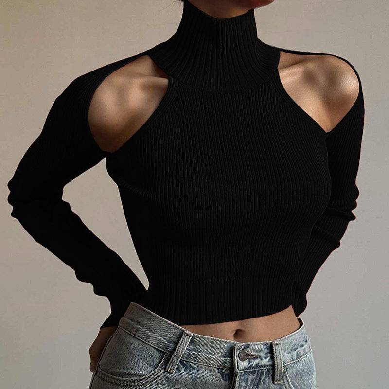 Women High Neck Long Sleeve T Shirt with Cut Out Design