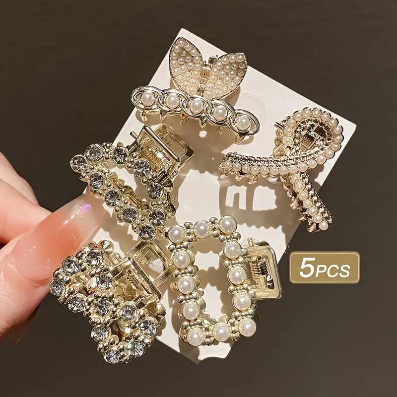 Women's 5-Piece Boho Hair Claw Clip Set, Small Alloy Clips with Faux Pearls and Rhinestones, Non-Slip Strong Grip for Daily Wear and Parties