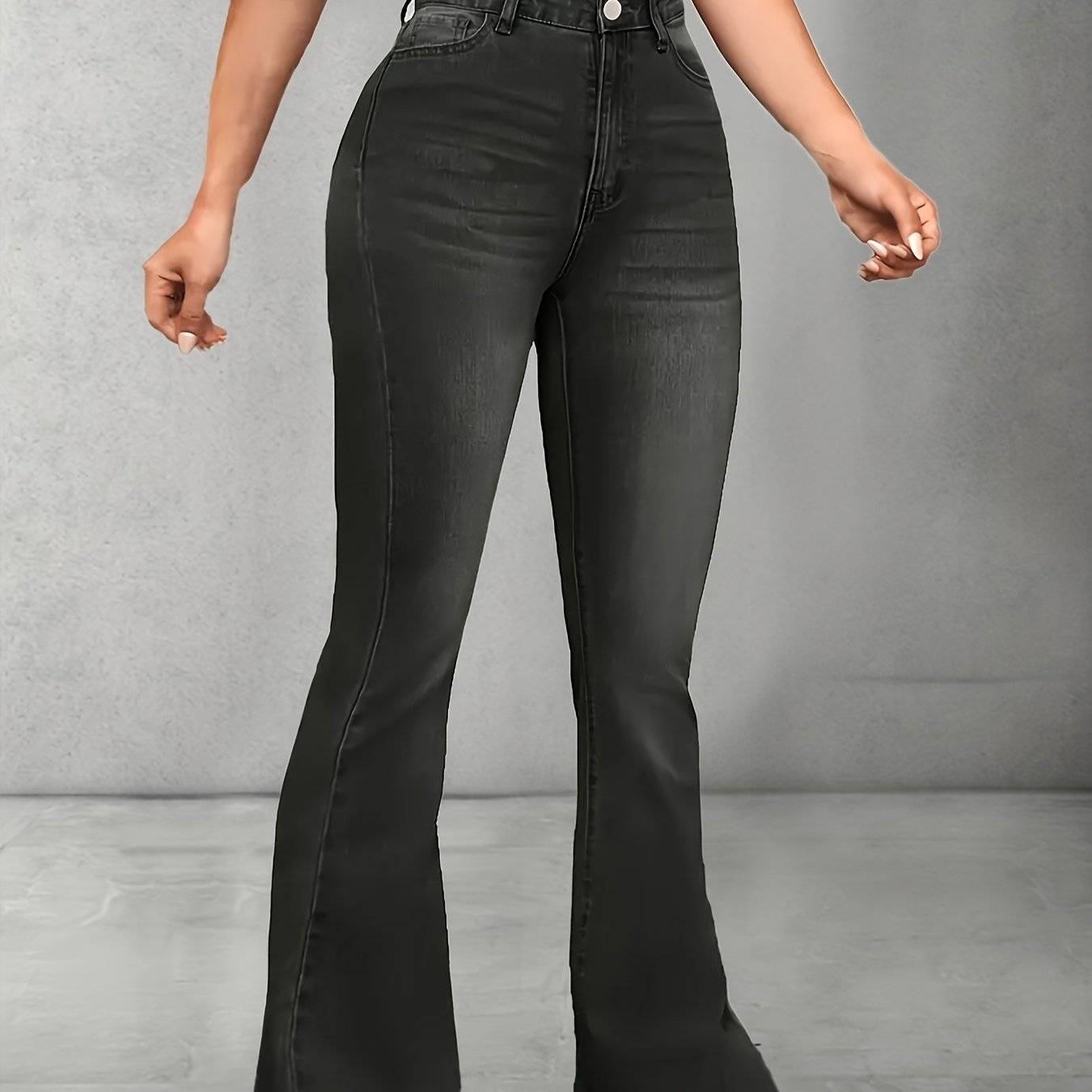Women’s High-Waisted Flared Jeans Stretch Slim Fit in Black Vintage Style Lightweight Denim